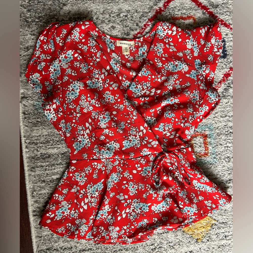 Red floral wrap-style top